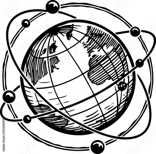 Globe and atomic orbit illustration earth surrounded by orbiting electrons, science and global connection concept