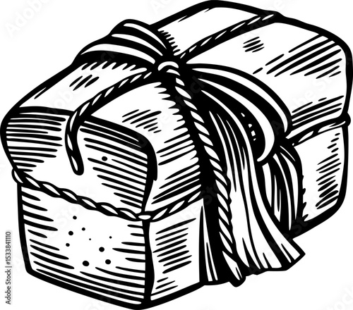 Rustic wrapped gift box with twine bow hand drawn vintage illustration, present, celebration, surprise, packaging