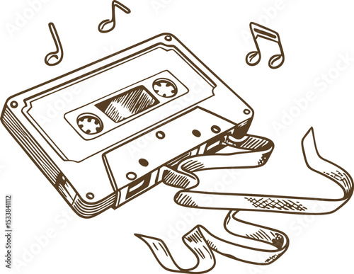 Vintage audio cassette tape with tangled magnetic ribbon and music notes retro sound, nostalgic music concept