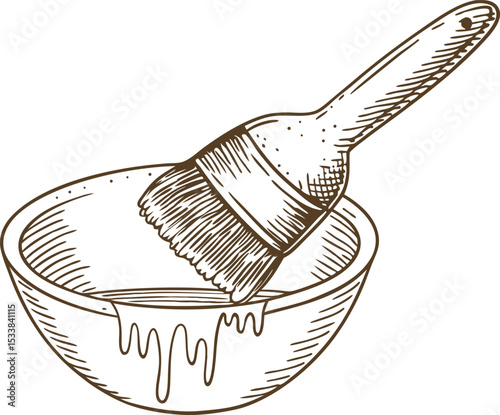 Brush resting in mixing bowl with dripping glaze baking, pastry preparation, kitchen utensil, culinary concept