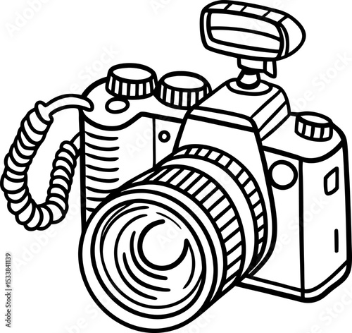 Digital camera illustration with external flash and detailed lens modern device line art for enthusiasts