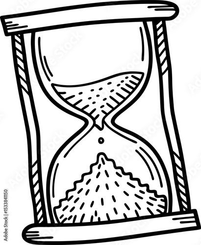 Hand drawn hourglass with sand flowing, black and white antique timer illustration, vintage time measurement concept