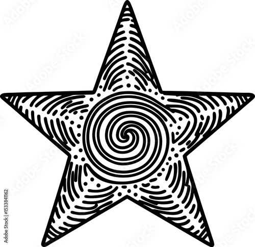 Hand drawn star with fingerprint texture and spiral center unique abstract design, creativity, individuality concept