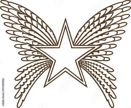 Star with outstretched wings in symmetrical line art elegant ornate pattern, symbol of achievement and freedom