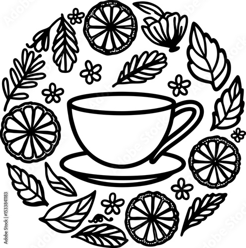 Tea cup with saucer surrounded by citrus slices and leaves herbal drink, hand drawn botanical illustration