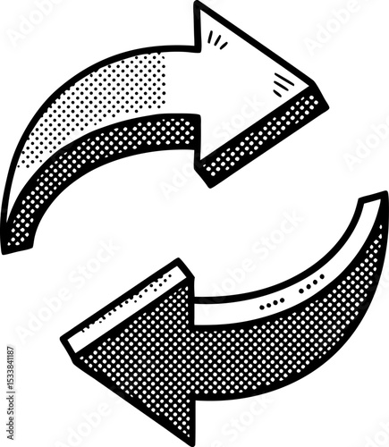 Circular arrows icon, black and white hand drawn refresh repeat rotate sign, simple sketch direction symbol