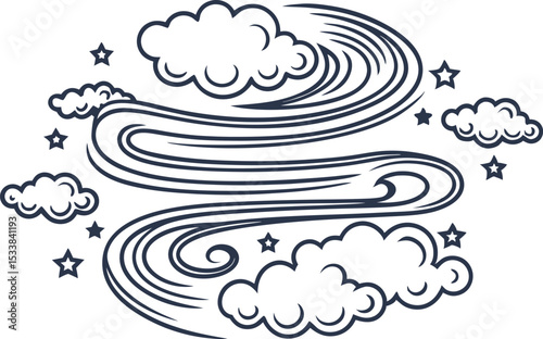 Swirling wind with clouds and stars in night sky whimsical weather element, breezy atmosphere illustration