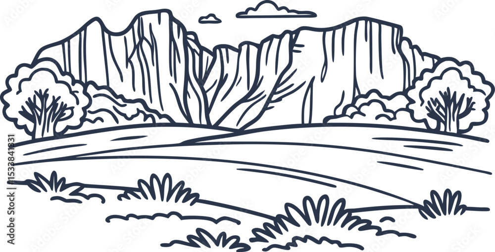 Mountain range with trees and open field scenic nature landscape, wilderness hills and cloud sky illustration