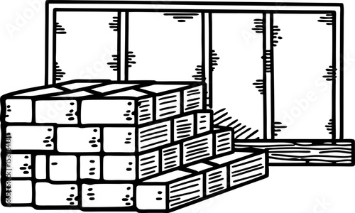Stack of construction bricks in front of unfinished wood framed wall, building materials for house foundation