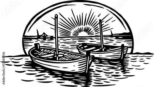 Two wooden rowboats on a calm water lake with sun setting in the background, black and white illustration
