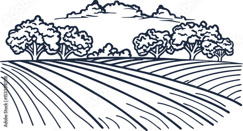 Scenic rural landscape with fields and trees, hand drawn outline with rolling hills and clouds above