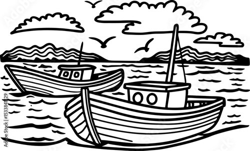 Fishing boats at sea with waves wooden rowboats near coast, birds flying, mountain shoreline, clouds in sky