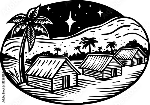 Tropical village at night with palm trees and wooden huts under a starry sky hand drawn vintage illustration
