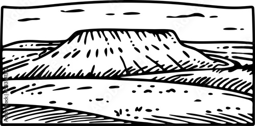 Flat topped mesa landscape illustration isolated geological landform, plateau, erosion pattern, black and white drawing