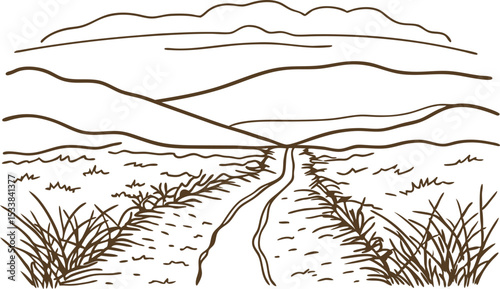 Country dirt road leading into hills, hand drawn rural landscape with mountains, fields, and grass