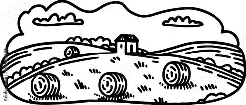 Rural landscape with hay bales on rolling fields, small farmhouse, and clouds in hand drawn black and white illustration