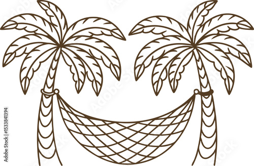 Hammock suspended between two palm trees, tropical relaxation and summer vacation leisure concept line art