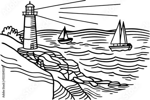 Lighthouse guiding sailboats on ocean waves coastal safety, maritime navigation, rocky shore, nautical seascape illustration