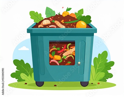 Compost bin filled with organic waste in a garden setting during sunny weather
