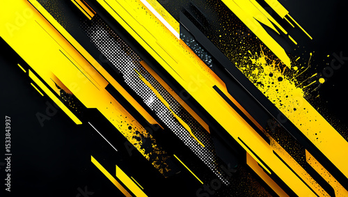 Dynamic yellow and black streaks intersect, creating a vibrant abstract design