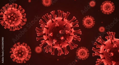 Realistic red render of coronavirus cells on a dark red background