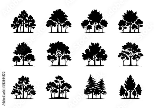 Tree silhouettes set forest nature foliage landscape