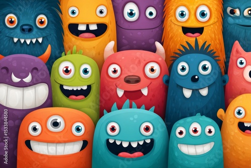 Friendly cartoon monsters smiling and having fun together
