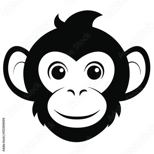 Frontal portrait shows a simple black and white monkey face with a friendly expression