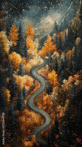 A mountain road winding through autumn trees.