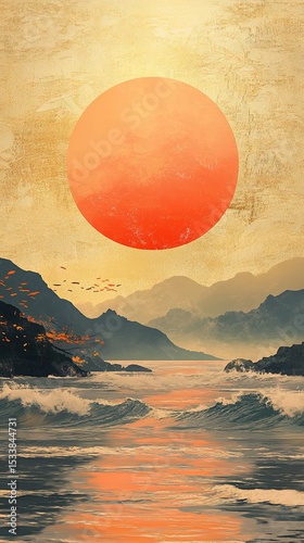 Golden sunset over a tranquil beach with distant waves.