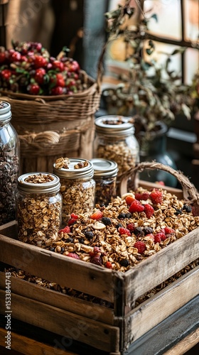 wooden crate of homemade granola jars.