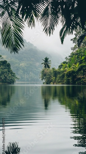 A calm lake surrounded by lush greenery and tall trees.