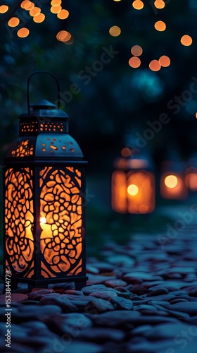 Lanterns glowing softly at night outdoors.