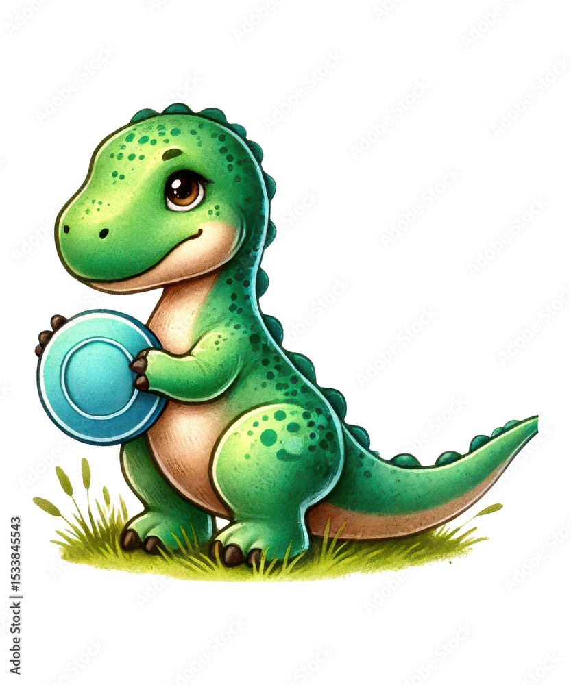 Obraz premium Funny green cartoon reptile character illustration of a cute baby animal dinosaur vector drawing with a happy smile