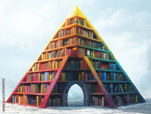The Pyramid of Knowledge: A Towering Structure of Books Against a Snowy Mountain Backdrop, Illuminated by a Bright Sky and an Ancient Stone Archway