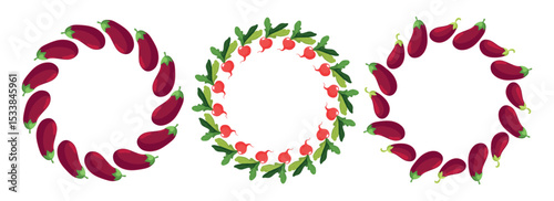 Vegetable frame set. Hand drawn eggplants and radishes. Template with space for text. Round frame of cute vegetables in doodle style. Radish with green tops and purple eggplants.