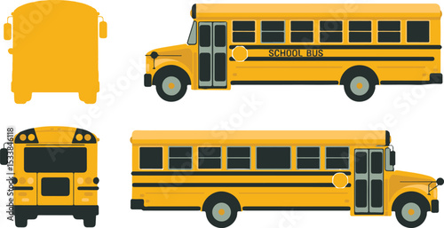 yellow school bus set in flat vector style with multiple views front side and back isolated on white background for education transportation