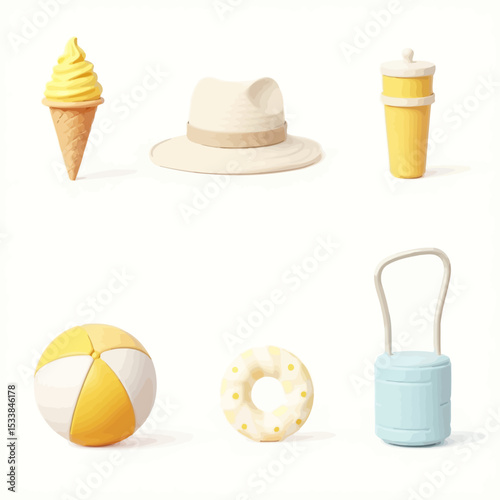 Set of minimalist 3D summer items like ice cream, beach ball, hat, and cooler, ideal for vacation, travel, or summer branding.