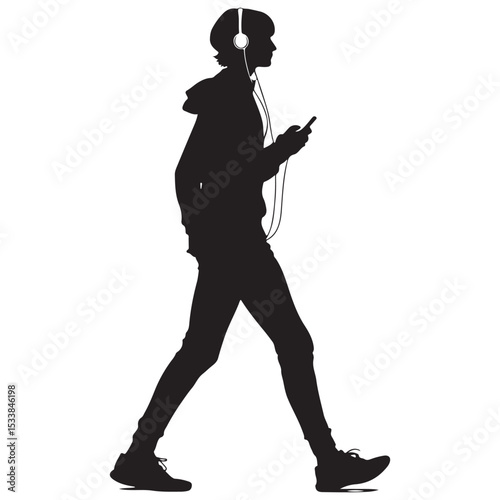Walking Teenager with Headphones and Phone in Silhouette Style Isolated on White Background silhouette