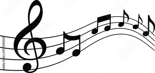 Abstract black music notes on a flowing musical staff with treble clef, isolated on white background, symbolizing melody, harmony, creativity, rhythm, classical, performance, and sound