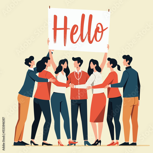 Flat illustration of a group of people holding a big “Hello” banner, symbolizing greeting, teamwork, and positive community spirit.