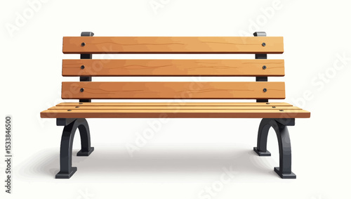 Realistic wooden park bench with metal legs on white background, ideal for city infrastructure, parks, or furniture design concepts.