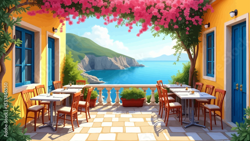 Mediterranean-style outdoor café with sea view, flowering vines, and colorful walls, perfect for travel, summer, and tourism concepts.