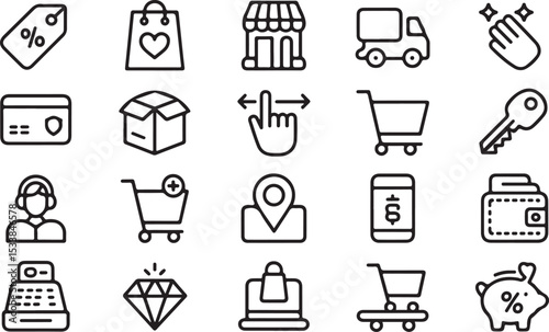 shopping commerce icons collection in linear style with cart store delivery payment customer service elements for retail business and ecommerce design
