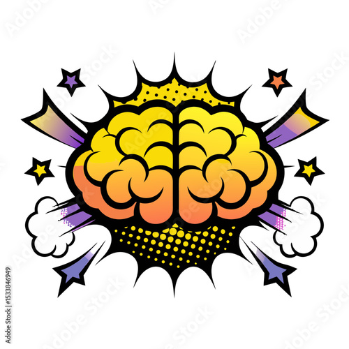 Cartoon brain exploding with colorful bursts in pop art style, isolated vector image on transparent background    