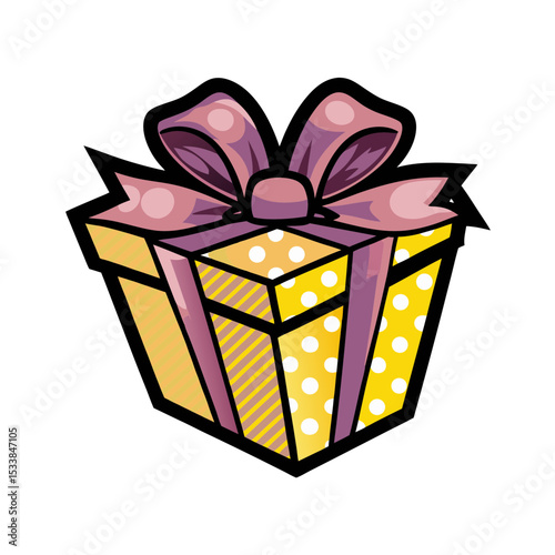Gift box in comic book style with a bow and polka dot design, isolated vector image on transparent background    