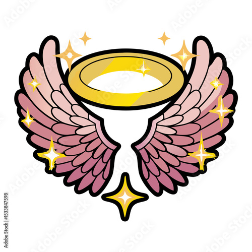 Angel wings with halo in comic book style, isolated vector image on transparent background  