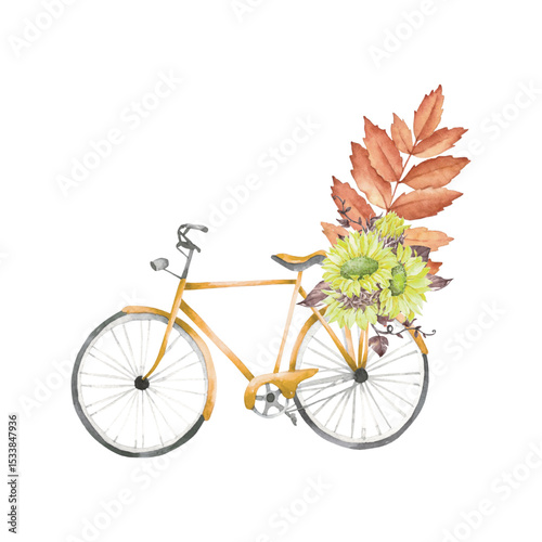 Autumn Bicycle, Yellow Bike with Flowers and Leaves. Illustration Vector