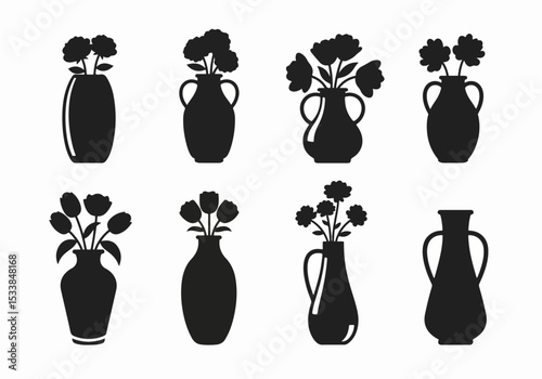 Vases with flowers silhouettes collection design