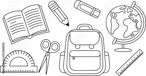 outline of school supplies with backpack globe scissors and stationery items for educational vector clipart illustration